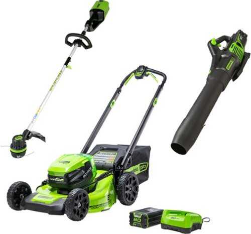 Rent to own Greenworks - 21" 80 Volt Mower, 13" String Trimmer, & 730 CFM Blower (4Ah battery & charger included) - Ultimate Outdoor Combo Kit - Green
