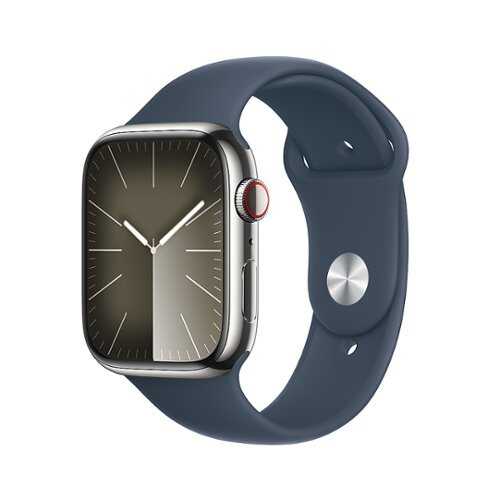 Rent to own Apple Watch Series 9 GPS + Cellular 45mm Silver Stainless Steel Case with Storm Blue Sport Band - S/M - Silver