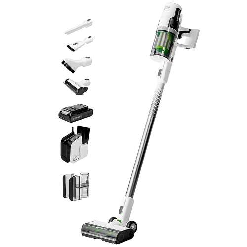 Rent To Own - Greenworks - 24V Stick Vacuum WHITE Charger w. (1) Wall Basic Fast Charger, (4) Attachments, (2) Clips, (1) 4 Ah Battery - Green