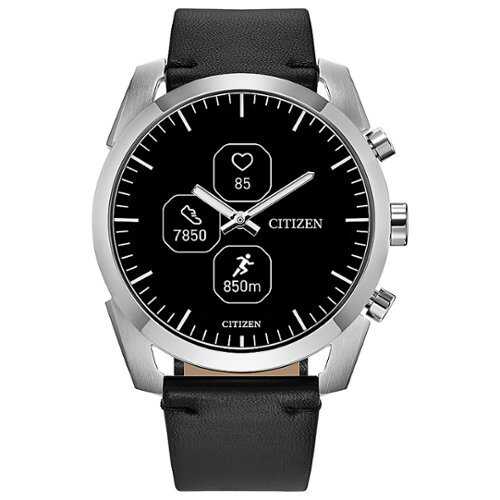 Rent to own Citizen - CZ Smart Unisex Hybrid 42.5mm Stainless Steel Smartwatch with Black Leather Strap - Silver