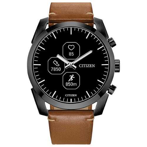 Rent to own Citizen - CZ Smart Unisex Hybrid 42.5mm Grey IP Stainless Steel Smartwatch with Camel Leather Strap - Gray