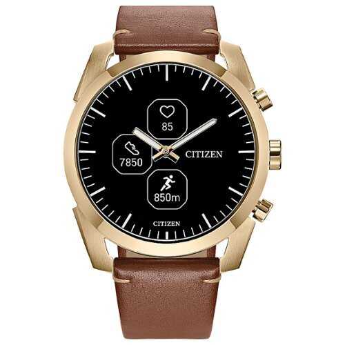 Rent to own Citizen - CZ Smart Unisex Hybrid 42.5mm Goldtone IP Stainless Steel Smartwatch with Brown Leather Strap - Gold