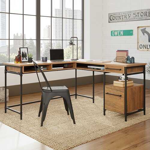 Rent to own Sauder - Iron City L Desk Checked Oak - SGS Mixed Mat Checked Oak