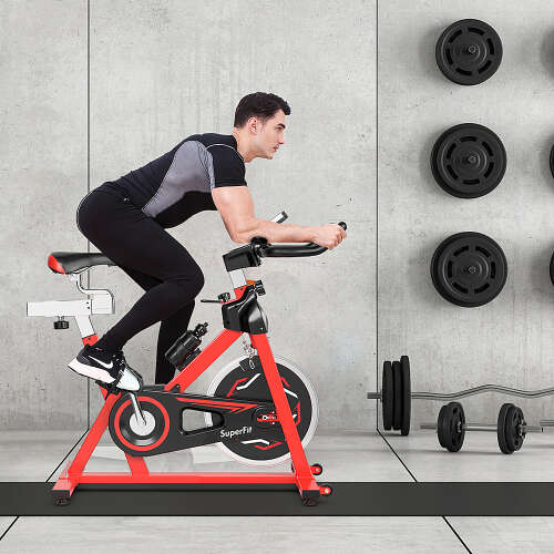 Rent to own Costway - Stationary Indoor Fitness Cycling Bik w/ LCD Monitor - Black/Red