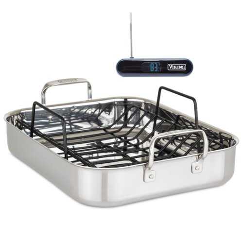 Rent To Own - Viking 3-Ply Stainless Steel Roasting Pan with Rack and Bonus Thermometer - Silver