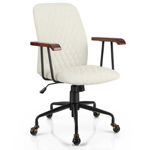 Rent to own Costway - Velvet Home Office Chair Swivel Adjustable Task Chair with Wooden Armrest - Beige