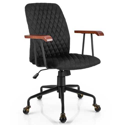 Rent to own Costway - Velvet Home Office Chair Swivel Adjustable Task Chair with Wooden Armrest - Black