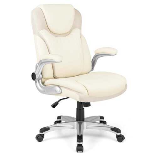 Rent to own Costway - Ergonomic Office Chair PU Leather Executive Swivel with Flip-up Armrests - Beige White