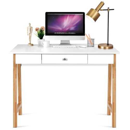 Rent to own Costway - Computer Desk Laptop PC Writing Table Makeup Vanity Table with Drawer and Wood Legs - White