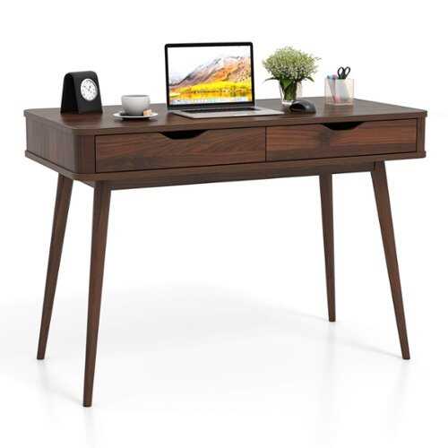 Rent to own Costway - 43.5" Writing Desk with 2 Drawers Anti-Tipping Kits and Solid Rubber Wood Legs - Walnut