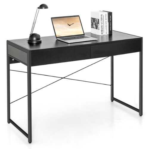 Rent to own Costway - Computer Desk Metal Frame Study Table Home Office Workstation with 2 Drawers - Black