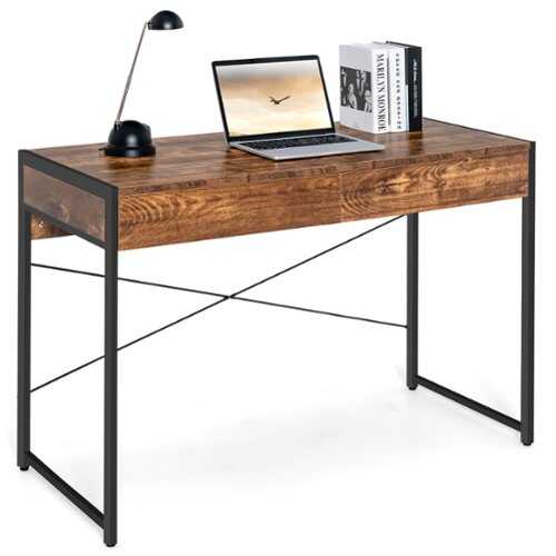 Rent to own Costway - Computer Desk Metal Frame Study Table Home Office Workstation with 2 Drawers - Rustic Brown