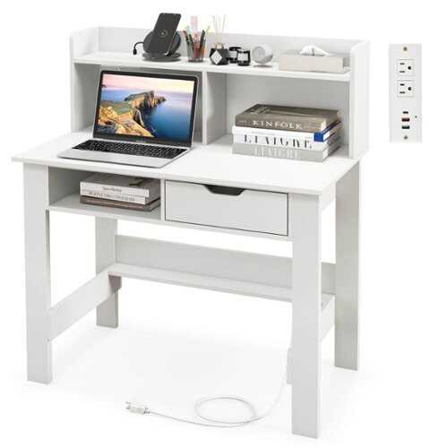 Rent to own Costway - Computer Desk with Power Outlets and USB Ports and Type-C Hutch Open Shelf Drawer - White