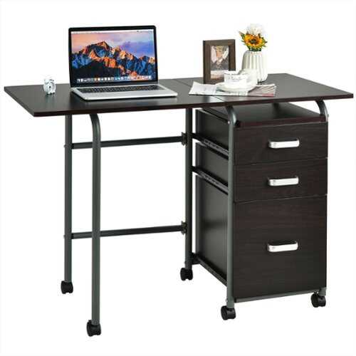 Rent to own Costway - Folding Computer Laptop Desk Wheeled Home Office Furniture with 3 Drawers - Brown