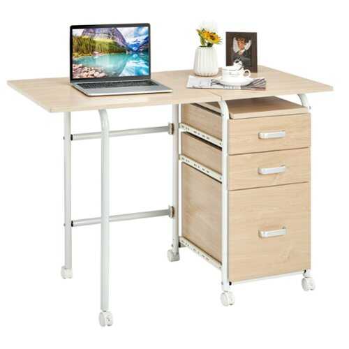 Rent to own Costway - Folding Computer Laptop Desk Wheeled Home Office Furniture With 3 Drawers - Natural