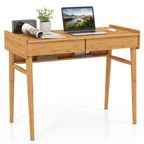 Rent to own Costway - Bamboo Writing Desk 39.5" Computer Study Desk with 2 Storage Drawers and Open Shelf - Natural