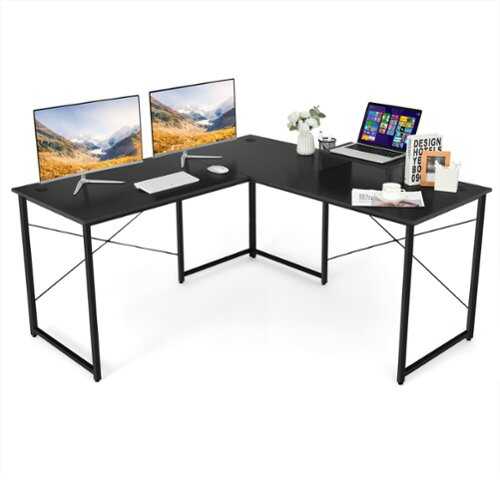 Rent to own Costway - L-Shaped Reversible Computer Desk 2-Person Long Table with Monitor Stand - Black