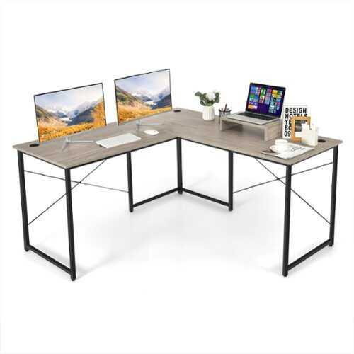 Rent to own Costway - L-Shaped Reversible Computer Desk 2-Person Long Table with Monitor Stand - Gray