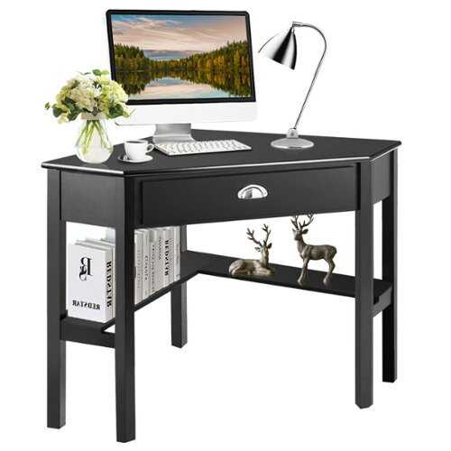 Rent to own Costway - Triangle Computer Desk Corner Office Desk Laptop Table with Drawer Shelves - Rustic Black