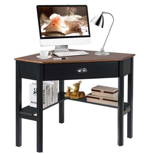 Rent to own Costway - Triangle Computer Desk Corner Office Desk Laptop Table with Drawer Shelves - Rustic Coffee/Black