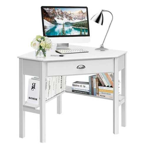 Rent to own Costway - Triangle Computer Desk Corner Office Desk Laptop Table with Drawer Shelves - Rustic White