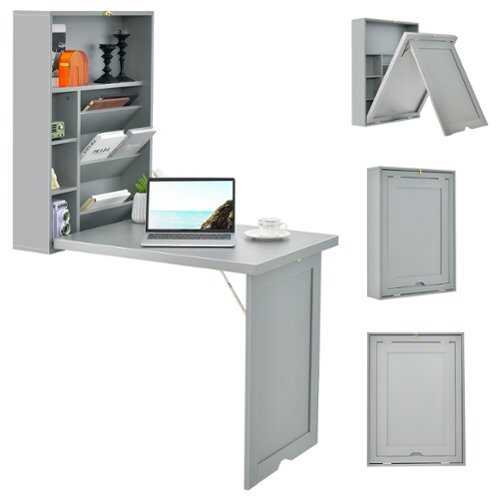 Rent to own Costway - Wall Mounted Computer Convertible Desk Floating Desk with Storage Bookcases - Gray