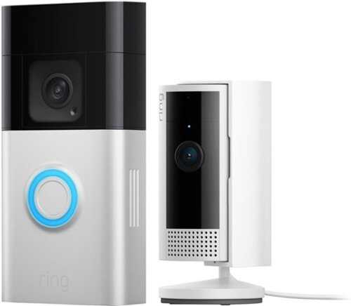 Rent to own Ring - Essential Security Set with Battery Doorbell Plus and Indoor Cam - Satin Nickel and White