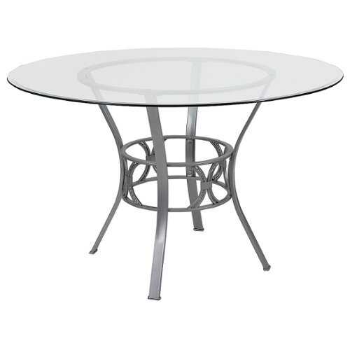 Rent to own Alamont Home - Carlisle 48'' Round Glass Dining Table with Crescent Style Metal Frame - Clear Top/Silver Frame