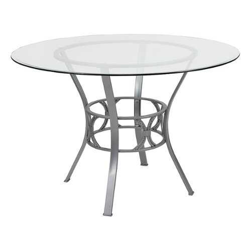 Rent to own Alamont Home - Carlisle 45'' Round Glass Dining Table with Crescent Style Metal Frame - Clear Top/Silver Frame