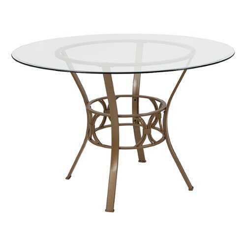 Rent to own Alamont Home - Carlisle 45'' Round Glass Dining Table with Crescent Style Metal Frame - Clear Top/Matte Gold Frame