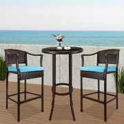 Rent to own High Bar Stools Set of 3, BTMWAY PE Wicker Patio Bar Chairs Set, Outdoor Conversation Patio Bar Furniture Set, Counter Height Outdoor Bar Stools with Back Set, w/Tempered Glass Side Table, Blue, A2742