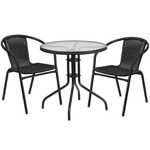 Rent to own Alamont Home - Lila Outdoor Round Contemporary Metal 3 Piece Patio Set - Clear Top/Black Rattan