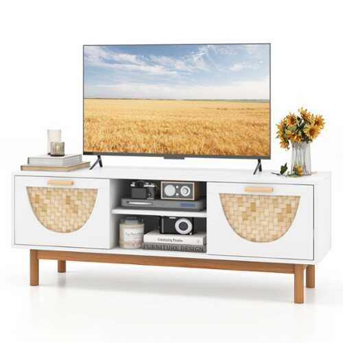 Rent to own Costway - TV Stand for 55-Inch TVs with 2 Drawers & Bamboo Woven Fronts Solid Wood Legs White - White/Natural