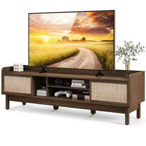 Rent to own Costway - Wooden TV Stand for TVs up to 65" with Storage Adjustable Shelf & Sliding Doors Walnut - Walnut/Beige