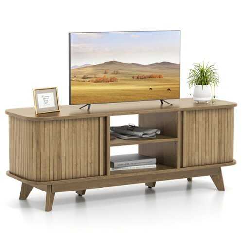 Rent to own Costway - TV Stand for TV up to 55 Inch Television Cabinet with 2 Open Shelves Sliding Doors - Oak