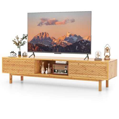 Rent to own Costway - 63" Bamboo TV Stand with 3 Storage Cubes Sliding Doors Mid Century Storage Cabinet - Natural