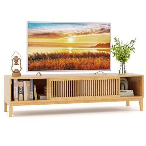 Rent to own Costway - TV Stand for TVs up to 65 Inches w/ Sliding Slatted Doors 5 Cable Holes Natural - Natural