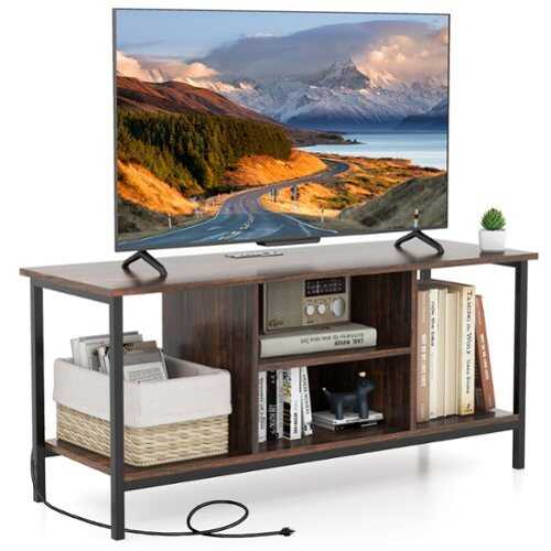 Rent to own Costway - TV Console Table w/ Power Outlets 50" Industrial TV Stand w/ Open Shelves & Compartments - Rustic Brown/Black