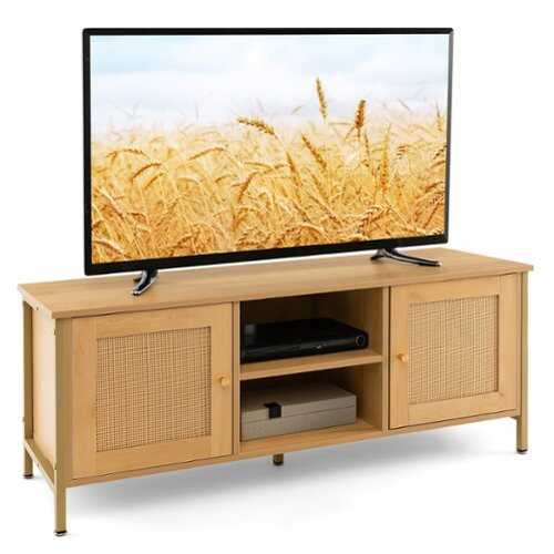 Rent to own Costway - Boho TV Stand for TV up to 55'' w/ Faux Rattan Door Side Cabinet & Open Shelf - Natural