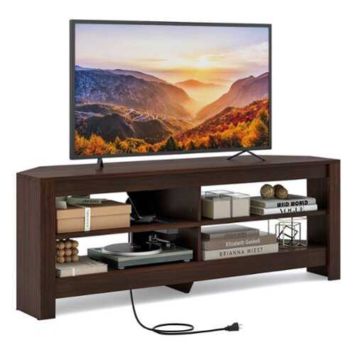 Rent to own Costway - 3-Tier Corner TV Stand with Power Outlet 4 Open Storage Shelves for Living Room Brown - Brown