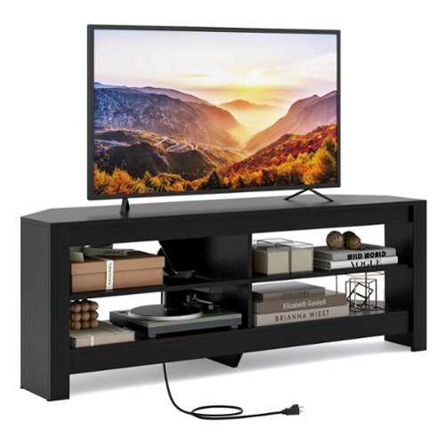 Rent to own Costway - 3-Tier Corner TV Stand with Power Outlet 4 Open Storage Shelves for Living Room Black - Black