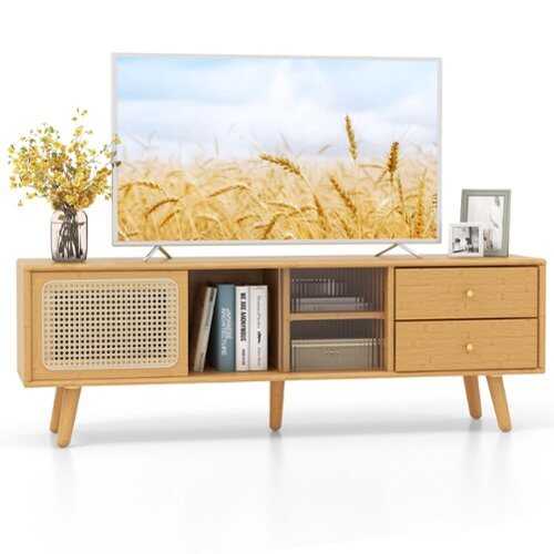 Rent to own Costway - Bamboo TV Stand Console Table with PE Rattan  Door & 2 Drawers for TV up to 65'' Natural - Natural Bamboo