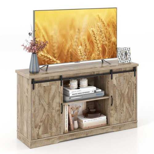 Rent to own Costway - TV Stand Farmhouse Cabinet Sliding Barn Door Adjustable Shelves for TV up to 65'' - Gray Oak