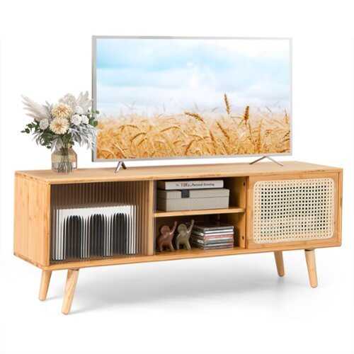 Rent to own Costway - Modern TV Stand Entertainment Center Media Console w/Rattan  Glass Sliding Doors - Natural