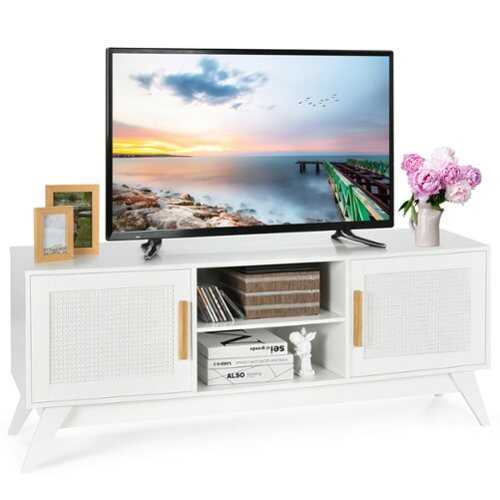 Rent to own Costway - TV Stand Entertainment Media Console w/ 2 Rattan Cabinets & Open Shelves - White