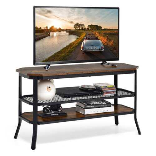 Rent to own Costway - 3-tier TV Stand Console Table Media Entertainment Center w/Mesh Storage Shelf - Rustic Brown/Black