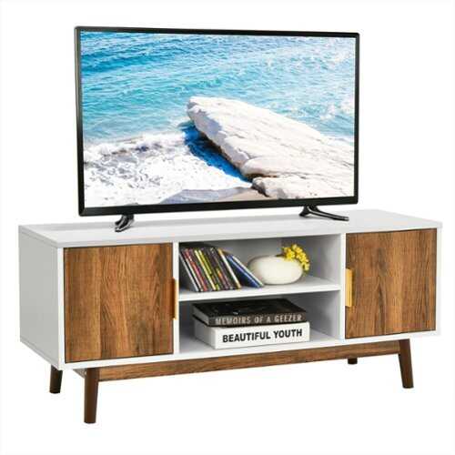 Rent to own Costway - TV Stand Entertainment Media Console w/2 Storage Cabinets & Open Shelves - White/Rustic Oak