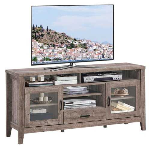 Rent to own Costway - TV Stand Tall Entertainment Center Hold up to 65'' TV w/ Glass Storage & Drawer - Walnut