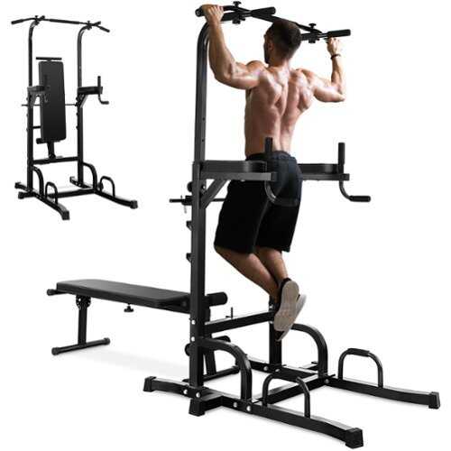 Rent to own Costway - Adjustable Power Tower Pull Up Bar Stand Dip Station Equipment with Bench Home Gym - Black