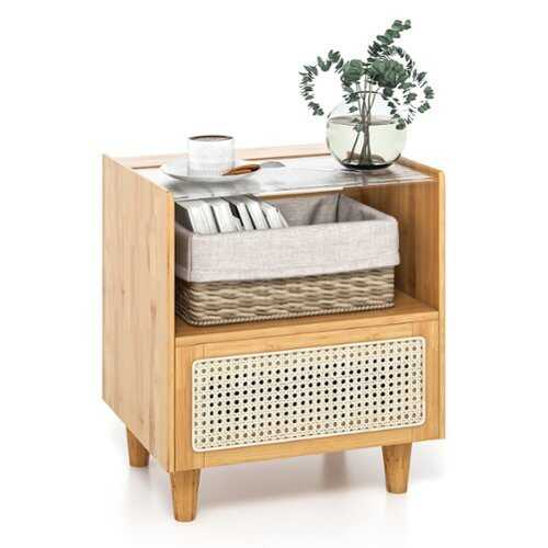 Rent to own Costway - Bamboo Rattan Nightstand Boho Bedside End Table with  Drawer & Wood Legs - Natural